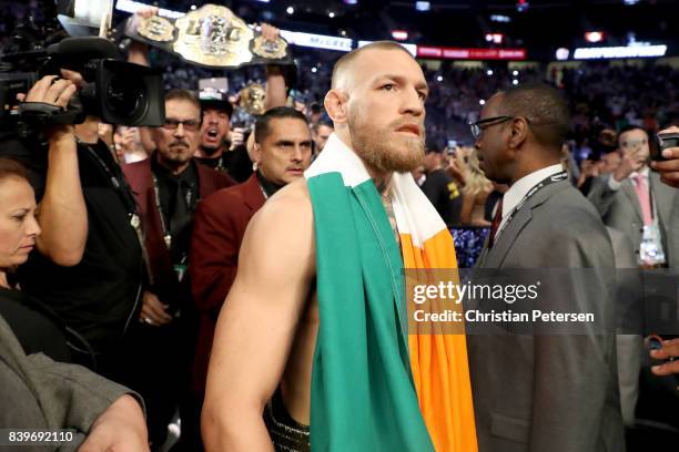 Conor McGregor walks to the ring prior to his super welterweight boxing match against Floyd Mayweather Jr. On August 26, 2017 at T-Mobile Arena in...