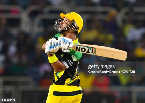 In this handout image provided by CPL T20, Lendl Simmons of Jamaica Tallawahs hits 6 during Match 24 of the 2017 Hero Caribbean Premier League...