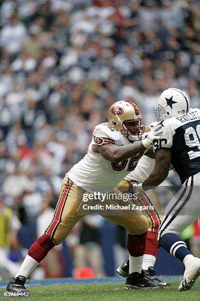 Chilo Rachal of the San Francisco 49ers defends during an NFL football game against the Dallas Cowboys at Texas Stadium on November 23, 2008 in...
