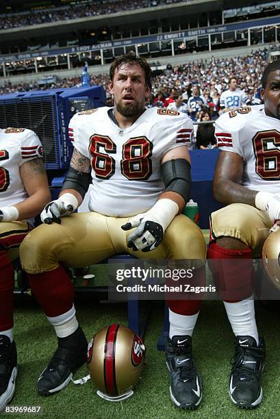 Adam Snyder of the San Francisco 49ers looks on during an NFL football game against the Dallas Cowboys at Texas Stadium on November 23, 2008 in...