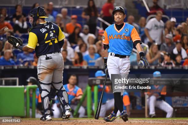 Ichiro Suzuki of the Miami Marlins fouls a pitch off during the seventh inning at Marlins Park on August 26, 2017 in Miami, Florida.