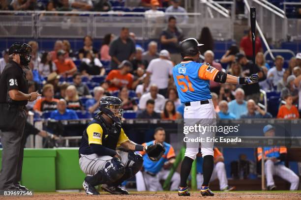 Ichiro Suzuki of the Miami Marlins at bat during the seventh inning against the San Diego Padres at Marlins Park on August 26, 2017 in Miami, Florida.