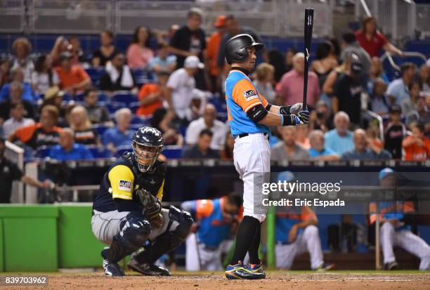 Ichiro Suzuki of the Miami Marlins at bat during the seventh inning against the San Diego Padres at Marlins Park on August 26, 2017 in Miami, Florida.