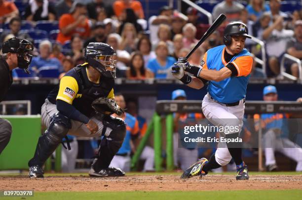 Ichiro Suzuki of the Miami Marlins at bat during the seventh inning against the San Diego Padres at Marlins Park on August 26, 2017 in Miami, Florida.