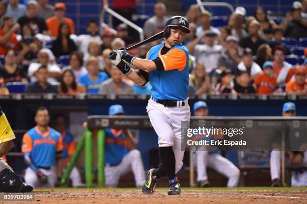 Ichiro Suzuki of the Miami Marlins at bat during the seventh inning against the San Diego Padres at Marlins Park on August 26, 2017 in Miami, Florida.