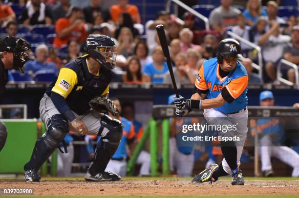 Ichiro Suzuki of the Miami Marlins at bat during the seventh inning against the San Diego Padres at Marlins Park on August 26, 2017 in Miami, Florida.