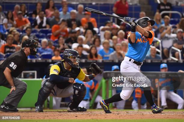 Ichiro Suzuki of the Miami Marlins at bat during the seventh inning against the San Diego Padres at Marlins Park on August 26, 2017 in Miami, Florida.