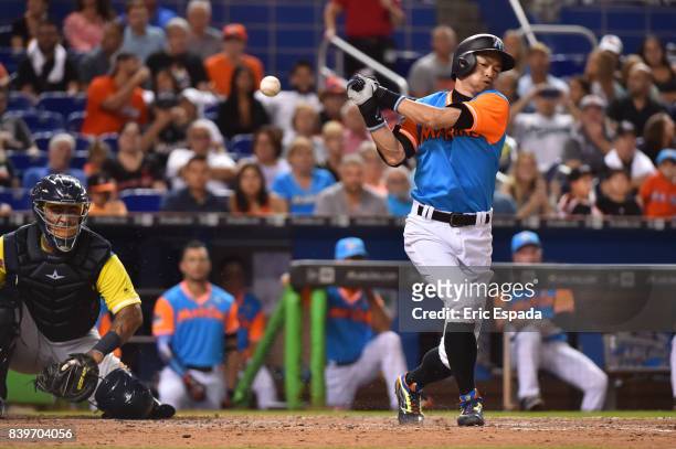Ichiro Suzuki of the Miami Marlins at bat during the seventh inning against the San Diego Padres at Marlins Park on August 26, 2017 in Miami, Florida.