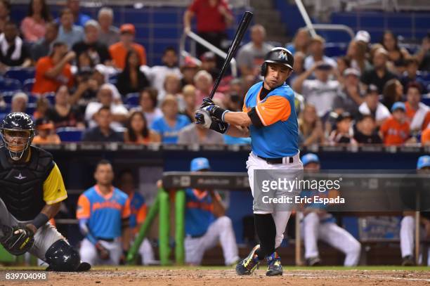 Ichiro Suzuki of the Miami Marlins at bat during the seventh inning against the San Diego Padres at Marlins Park on August 26, 2017 in Miami, Florida.