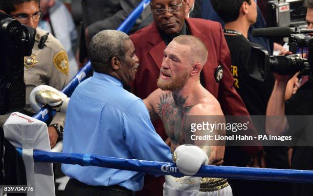 Conor McGregor following defeat to Floyd Mayweather Jnr during their fight at the T-Mobile Arena, Las Vegas.