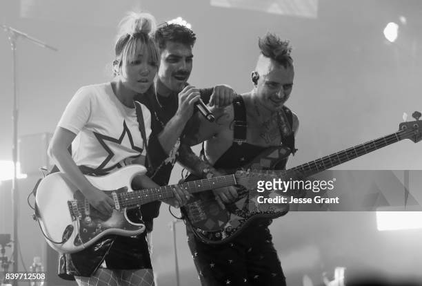 JinJoo Lee, Joe Jonas and Cole Whittle of DNCE perform onstage during MTV & Taco Bell present "Best New Artist" Night for "VMA Weekend" at Avalon on...