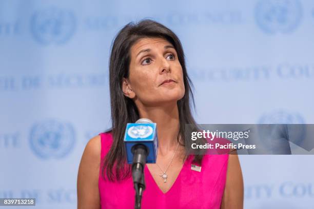 Permanent Representative to the United Nations Ambassador Nikki Haley is seen during a press encounter at the Security Council stakeout at UN...