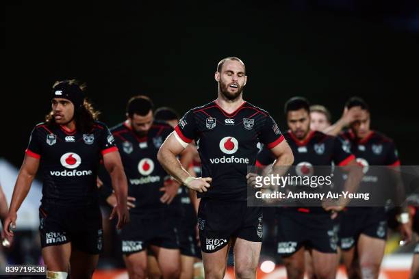 Simon Mannering of the Warriors reacts during the round 25 NRL match between the New Zealand Warriors and the Manly Sea Eagles at Mt Smart Stadium on...