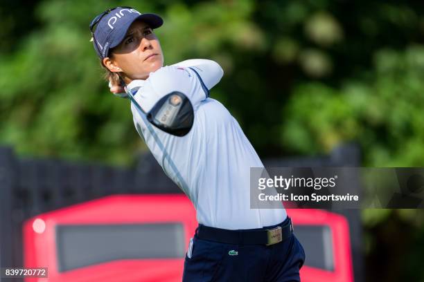 Azahara Munoz tees off on the 1st hole during the third round of the Canadian Pacific Women's Open on August 26, 2017 at The Ottawa Hunt and Golf...