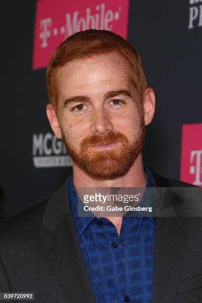 Comedian Andrew Santino arrives on T-Mobile's magenta carpet duirng the Showtime, WME IME and Mayweather Promotions VIP Pre-Fight Party for...