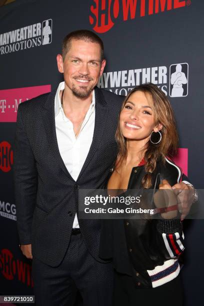 Actor Steve Howey and Sarah Shahi arrives on T-Mobile's magenta carpet duirng the Showtime, WME IME and Mayweather Promotions VIP Pre-Fight Party for...