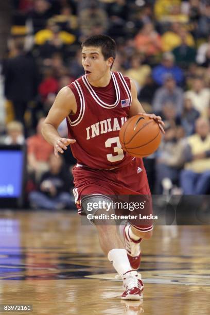 Daniel Moore of the Indiana Hoosiers dribbles the ball against the Wake Forest Demon Deacons during their game at Lawrence Joel Coliseum on December...