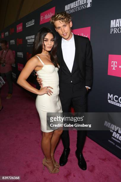 Actors Vanessa Hudgens and Austin Butler arrive on T-Mobile's magenta carpet duirng the Showtime, WME IME and Mayweather Promotions VIP Pre-Fight...