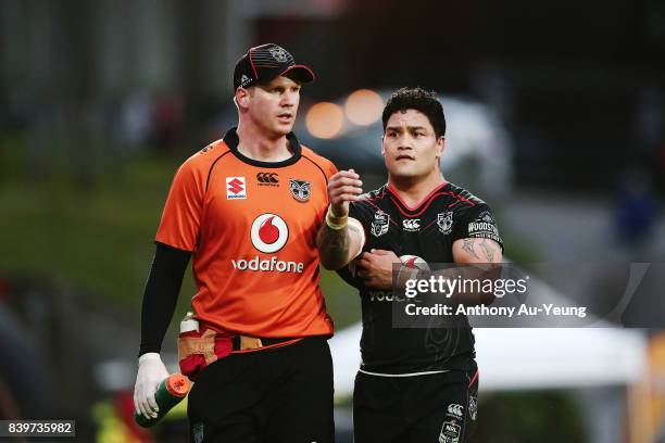 Issac Luke of the Warriors comes off the field in the 2nd half during the round 25 NRL match between the New Zealand Warriors and the Manly Sea...