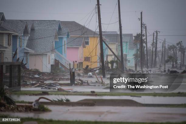 Damaged houses and flooding are seen in Rockport, TX as Hurricane Harvey hits the Texas coast on Saturday, Aug 26, 2017.