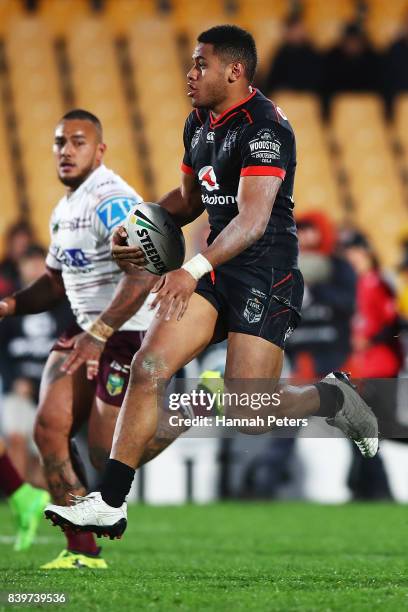 David Fusitu'a of the Warriors makes a break during the round 25 NRL match between the New Zealand Warriors and the Manly Sea Eagles at Mt Smart...