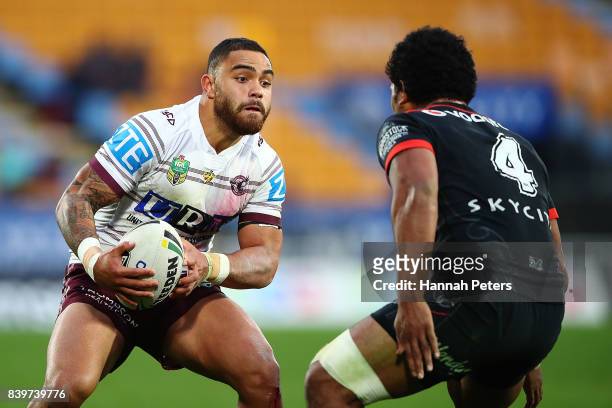 Dylan Walker of the Sea Eagles charges forward during the round 25 NRL match between the New Zealand Warriors and the Manly Sea Eagles at Mt Smart...