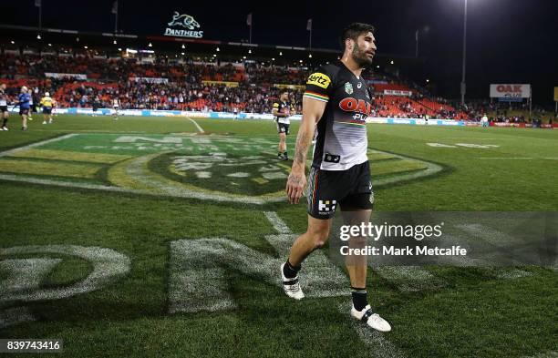 James Tamou of the Panthers looks dejected after defeat during the round 25 NRL match between the Penrith Panthers and the St George Illawarra...