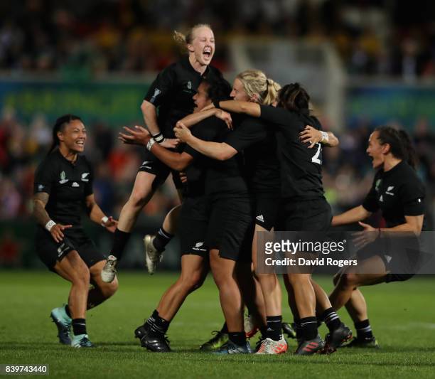 New Zealand celebrate their victory during the Women's Rugby World Cup 2017 Final betwen England and New Zealand at the Kingspan Stadium on August...