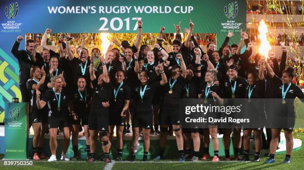 New Zealand Black Ferns celebrate their victory during the Women's Rugby World Cup 2017 Final betwen England and New Zealand at the Kingspan Stadium...