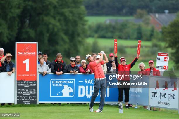 Marcel Siem of Germany tees off on the 1st hole during the final round of Made in Denmark at Himmerland Golf & Spa Resort on August 27, 2017 in...