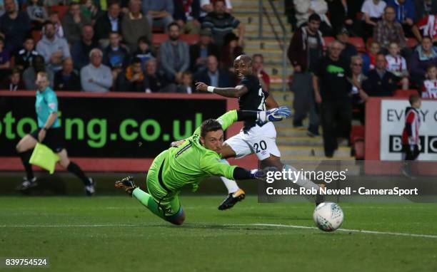 West Ham United's Andre Ayew scores his side's second goal during the Carabao Cup Second Round match between Cheltenham Town and West Ham United at...