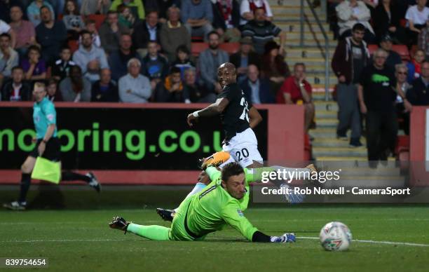 West Ham United's Andre Ayew scores his side's second goal during the Carabao Cup Second Round match between Cheltenham Town and West Ham United at...