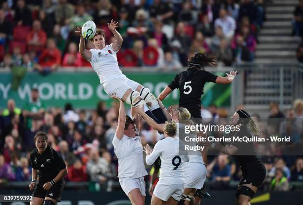 Sarah Hunter of England wins a lineout during the Women's Rugby World Cup 2017 Final between England and New Zealand at Kingspan Stadium on August...