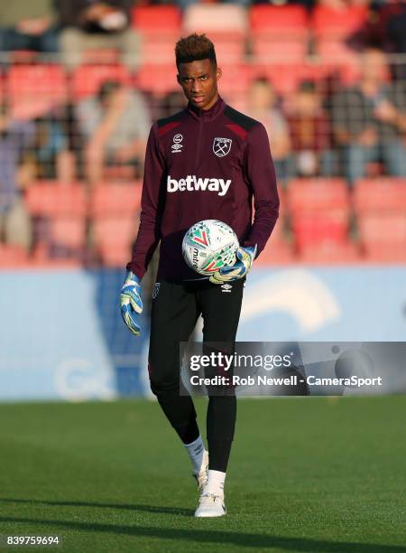 West Ham United's Nathan Trott during the Carabao Cup Second Round match between Cheltenham Town and West Ham United at Whaddon Road on August 23,...