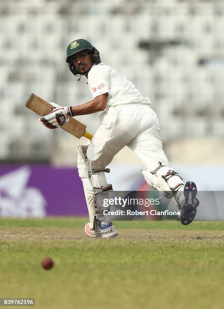 Nasir Hossain of Bangladesh bats during day one of the First Test match between Bangladesh and Australia at Shere Bangla National Stadium on August...