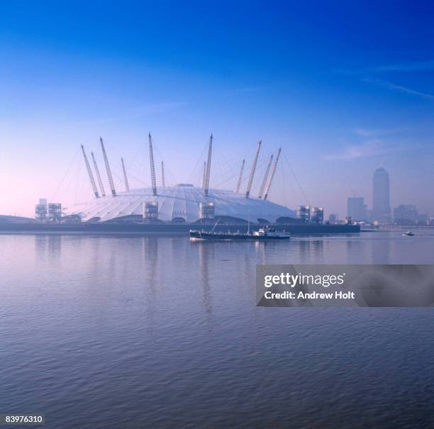 milennium dome by river thames in mist - dome stock pictures, royalty-free photos & images