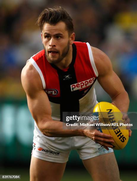 Maverick Weller of the Saints in action during the 2017 AFL round 23 match between the Richmond Tigers and the St Kilda Saints at the Melbourne...