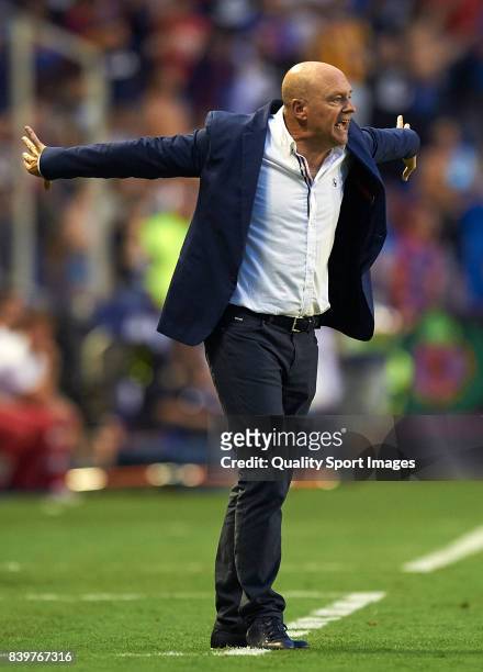 Deportivo La Coruna manager, Pepe Mel reacts during the La Liga match between Levante and Deportivo La Coruna at Ciutat de Valencia on August 26,...