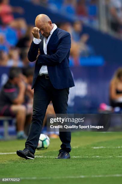 Deportivo La Coruna manager, Pepe Mel reacts during the La Liga match between Levante and Deportivo La Coruna at Ciutat de Valencia on August 26,...