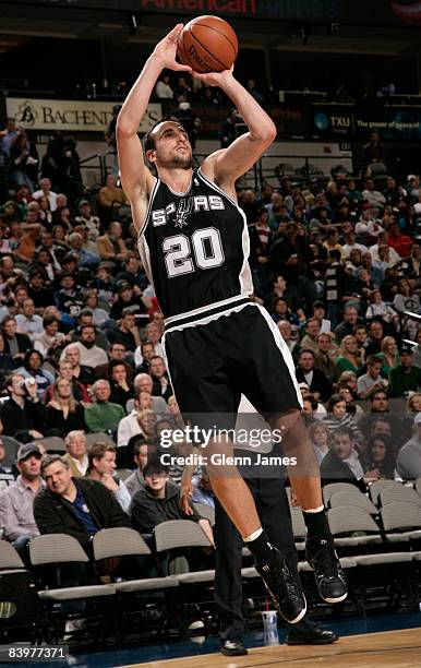 Manu Ginobili of the San Antonio Spurs shoots a jumper against the Dallas Mavericks on December 9, 2008 at the American Airlines Center in Dallas,...