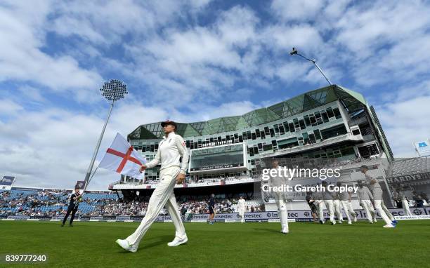 England captain Joe Root leads out his team ahead of day three of the 2nd Investec Test between England and the West Indies at Headingley on August...