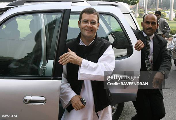 Congress Party General Secretary Rahul Gandhi arrives at Parliament house in New Delhi on December 10, 2008 to attend the opening of the third leg of...