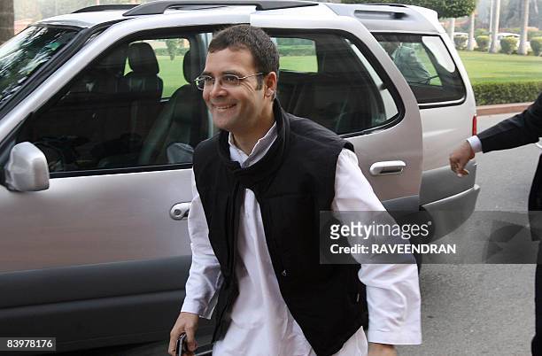 Congress Party General Secretary Rahul Gandhi arrives at Parliament house in New Delhi on December 10, 2008 to attend the opening of the third leg of...
