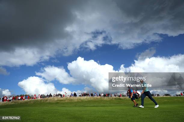 Thorbjorn Olesen of Denmark walks to the the 3rd green during the final round of Made in Denmark at Himmerland Golf & Spa Resort on August 27, 2017...