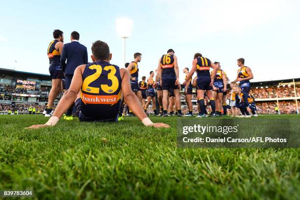 Lewis Jetta of the Eagles reflects on there match during the 2017 AFL round 23 match between the West Coast Eagles and the Adelaide Crows at Domain...