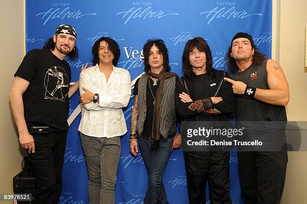 Members of Monster Circus guitarist Bruce Kulick, singer/guitarist Tony Montana, singer John Corabi, bassest Rudy Sarzo and drummer Bobby Rock pose...