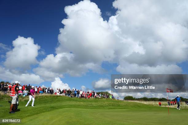 David Horsey of England chips to the 3rd green during the final round of Made in Denmark at Himmerland Golf & Spa Resort on August 27, 2017 in...