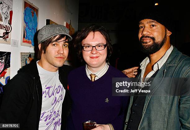 Musician/artist Pete Wentz from the band "Fall Out Boy", Clark Duke, and director Alan Ferguson attend the gallery opening of "Without You I'm Just...