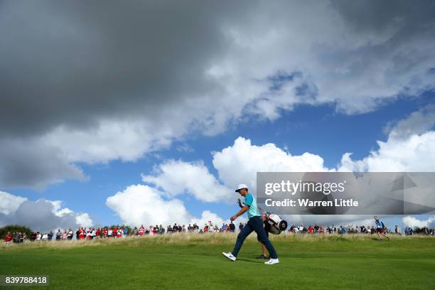 Thorbjorn Olesen of Denmark walks to the 3rd green during the final round of Made in Denmark at Himmerland Golf & Spa Resort on August 27, 2017 in...