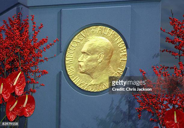 Plaque depicting Alfred Nobel at the Nobel Peace Prize Ceremony 2008 in Oslo City Hall on December 10, 2008 in Oslo, Norway. The Norwegian Nobel...